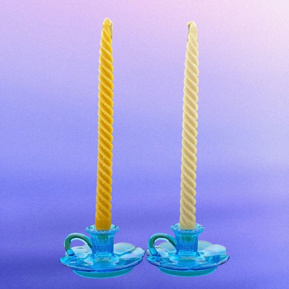 Kemple Glassworks Narcissus Blue Glass Chambersticks Candlestick